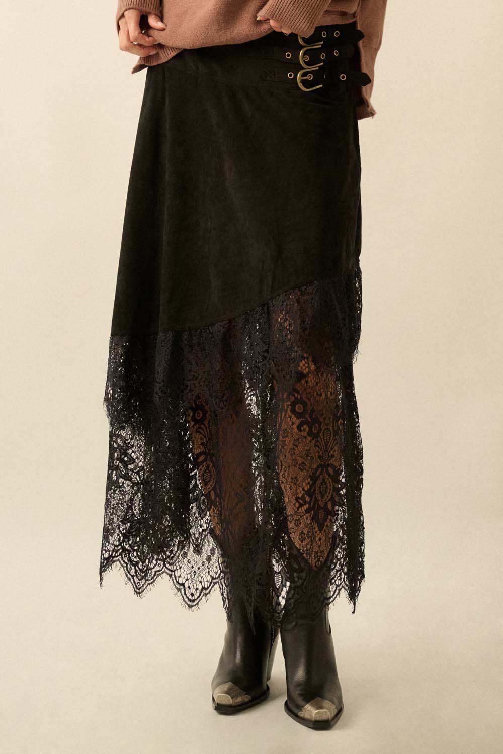 Faux Suede and Lace Buckled-Waist Maxi Skirt