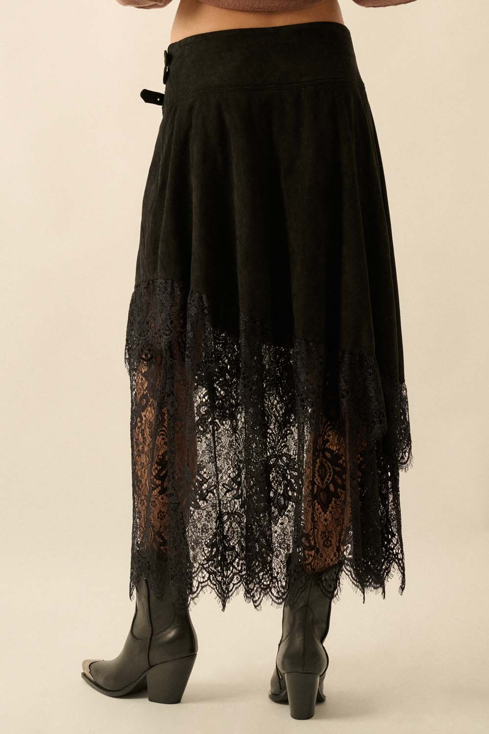 Faux Suede and Lace Buckled-Waist Maxi Skirt
