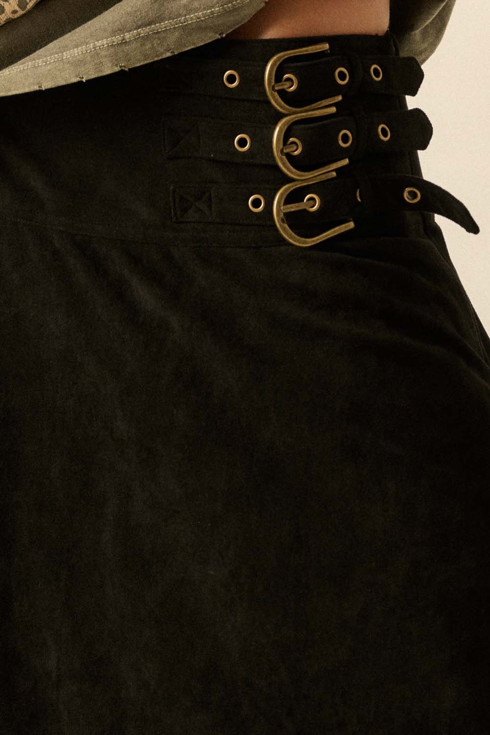 Faux Suede and Lace Buckled-Waist Maxi Skirt