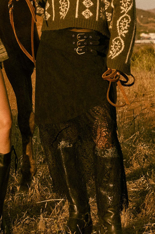 Faux Suede and Lace Buckled-Waist Maxi Skirt