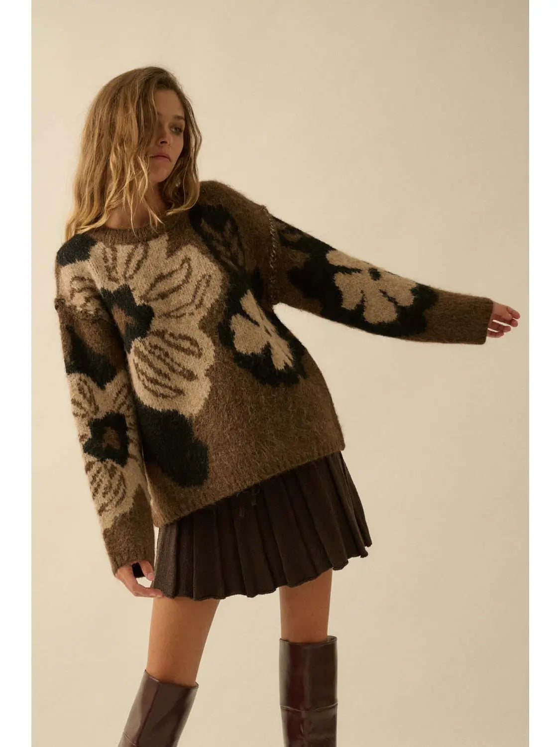 Fuzzy Floral Jacquard Exposed-Seam Sweater