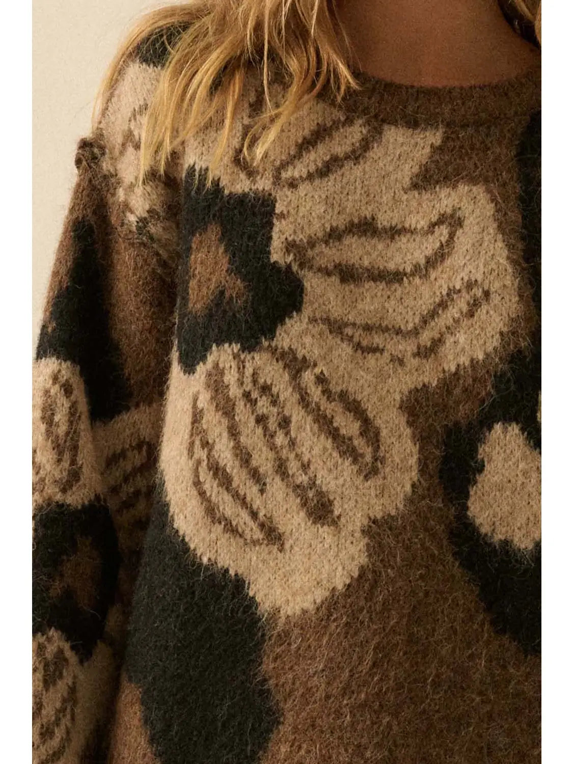 Fuzzy Floral Jacquard Exposed-Seam Sweater