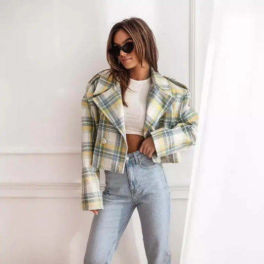 Plaid Printed Collar Jacket Blue/Yellow