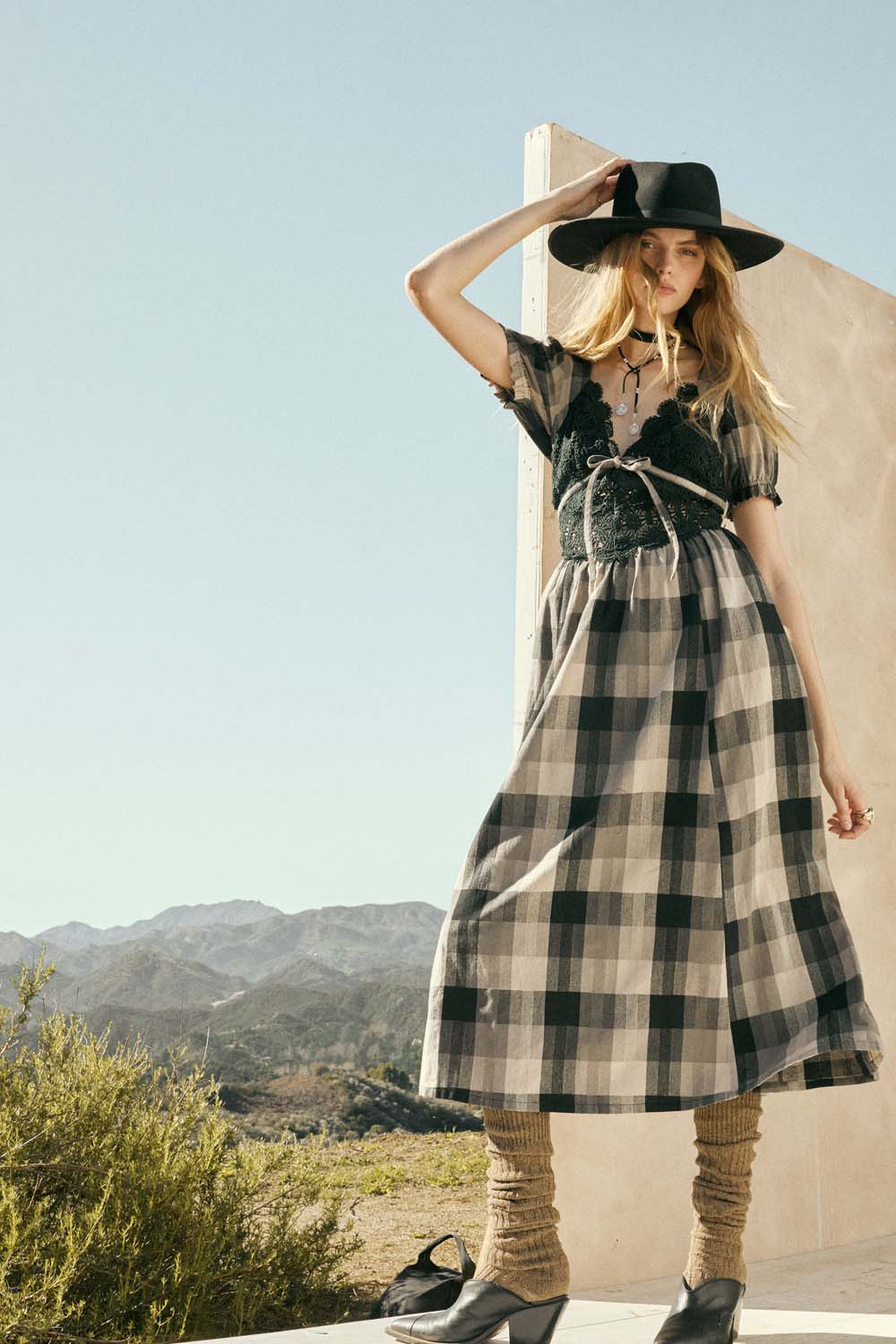 Plaid and Lace V-Neck Puff-Sleeve Midi Dress