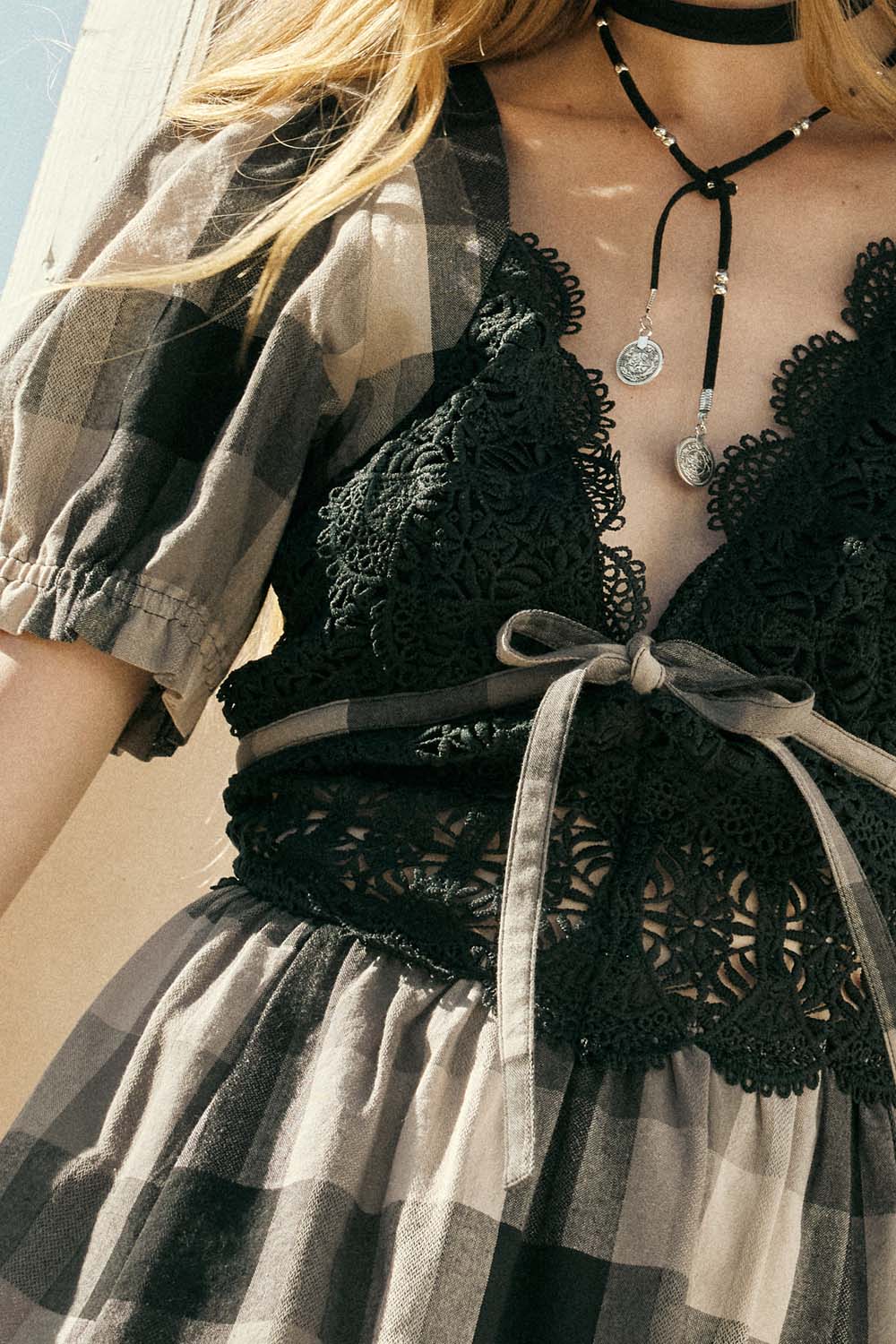 Plaid and Lace V-Neck Puff-Sleeve Midi Dress