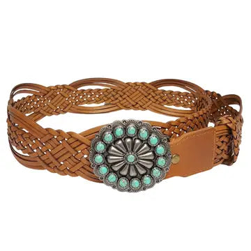 Hand Braided Leather Belt with Turquoise Style Buckle