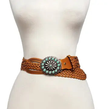 Hand Braided Leather Belt with Turquoise Style Buckle